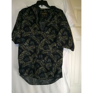 Vintage Woolrich Palm Print Short Sleeve Button Down Shirt Navy & Tan Hawaiian M